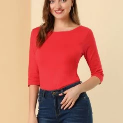 Allegra K Women Elbow Sleeves Round Neck Slim Fit Tee