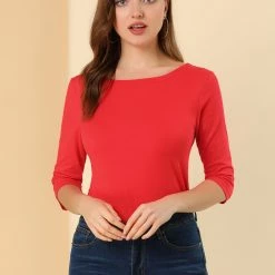 Allegra K Women Elbow Sleeves Round Neck Slim Fit Tee