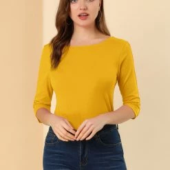 Allegra K Women Elbow Sleeves Round Neck Slim Fit Tee