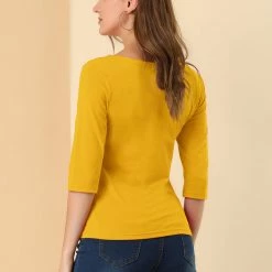 Allegra K Women Elbow Sleeves Round Neck Slim Fit Tee