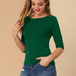 Allegra K Women Elbow Sleeves Round Neck Slim Fit Tee