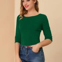 Allegra K Women Elbow Sleeves Round Neck Slim Fit Tee