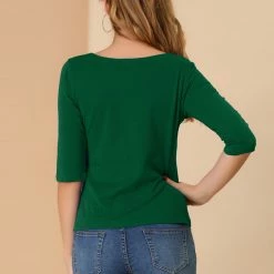 Allegra K Women Elbow Sleeves Round Neck Slim Fit Tee