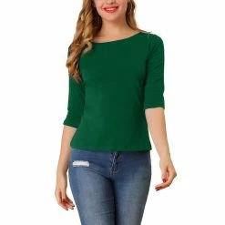 Allegra K Women Elbow Sleeves Round Neck Slim Fit Tee
