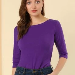 Allegra K Women Elbow Sleeves Round Neck Slim Fit Tee