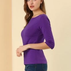 Allegra K Women Elbow Sleeves Round Neck Slim Fit Tee