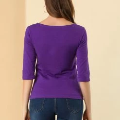 Allegra K Women Elbow Sleeves Round Neck Slim Fit Tee