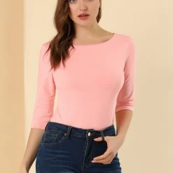 Allegra K Women Elbow Sleeves Round Neck Slim Fit Tee