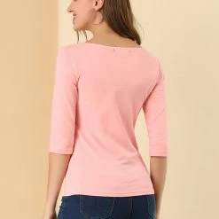 Allegra K Women Elbow Sleeves Round Neck Slim Fit Tee