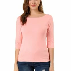Allegra K Women Elbow Sleeves Round Neck Slim Fit Tee