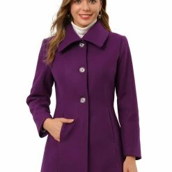 Allegra K Women's Turn-Down Collar Single Breasted Slant Pockets Swing Outwear Winter Coat
