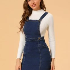 Allegra K Women's Classic Adjustable Strap A-Line Suspender Overall Denim Dress