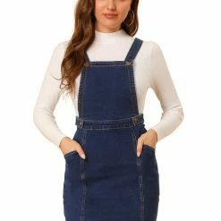 Allegra K Women's Classic Adjustable Strap A-Line Suspender Overall Denim Dress