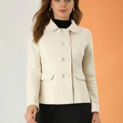 Allegra K Women's Peacoats Peter Pan Collar Double Breasted Pocket Button Up Pea Coat