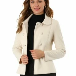 Allegra K Women's Peacoats Peter Pan Collar Double Breasted Pocket Button Up Pea Coat
