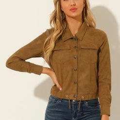 Allegra K Women's Faux Suede Casual Point Collar Button Up Biker Moto Jacket