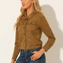 Allegra K Women's Faux Suede Casual Point Collar Button Up Biker Moto Jacket