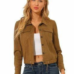 Allegra K Women's Faux Suede Casual Point Collar Button Up Biker Moto Jacket