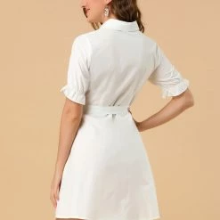 Allegra K Women's Casual Short Ruffled Sleeve Cotton Solid Color Button Down Shirt Dress With Belt