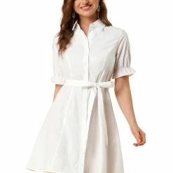 Allegra K Women's Casual Short Ruffled Sleeve Cotton Solid Color Button Down Shirt Dress With Belt