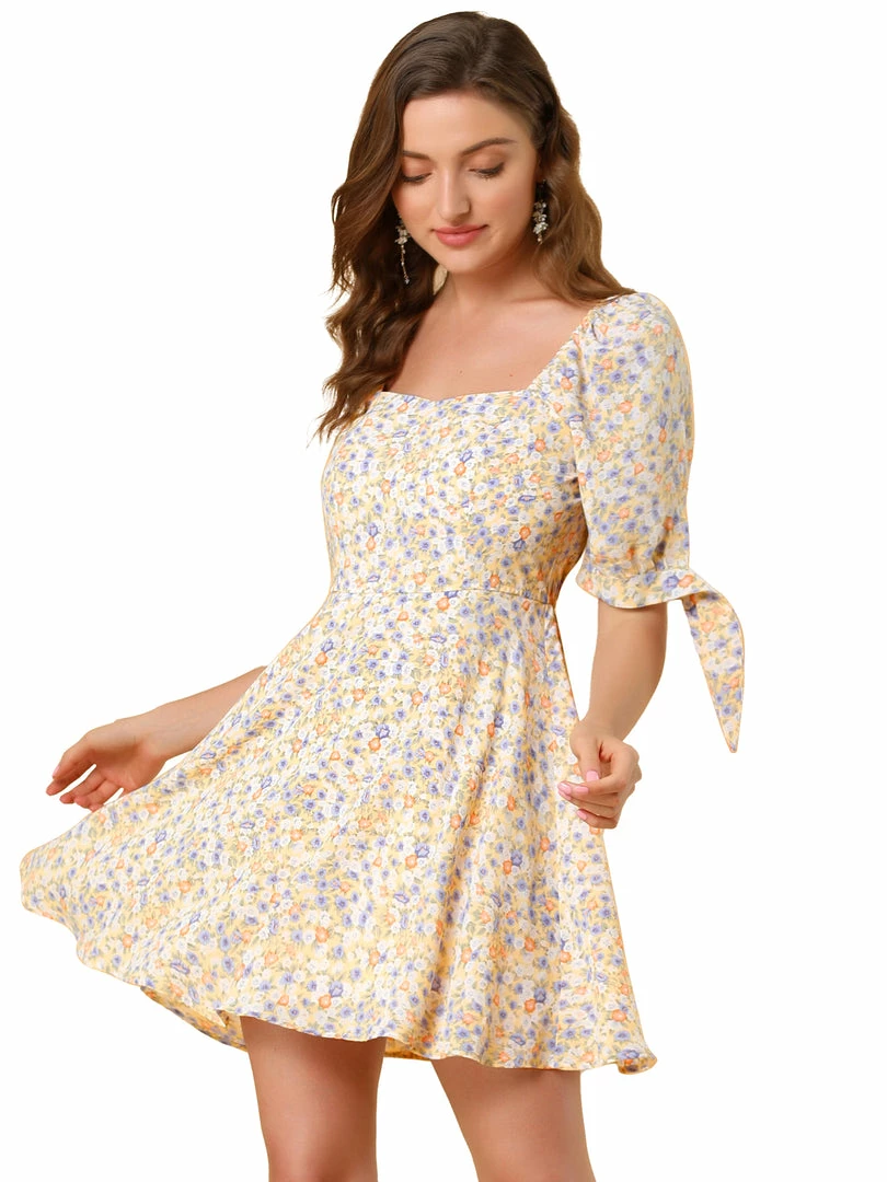 Allegra K Women's Floral Sweetheart Neck Puff Sleeve Fit And Flare A-Line Mini Dress 15 Allegra K Women's Floral Sweetheart Neck Puff Sleeve Fit And Flare A-Line Mini Dress