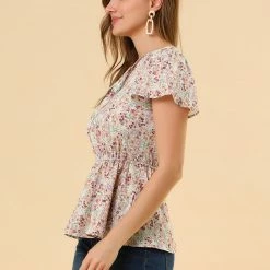 Allegra K Women's Floral Print Short Sleeves High Waist Tie Neck Peplum Top