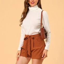 Allegra K Women's Casual High Waist Corduroy Belted Short