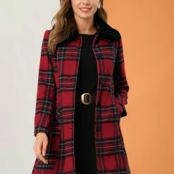Allegra K Women's Buffalo Checks Winter Peter Pan Collar Long Plaid Coat