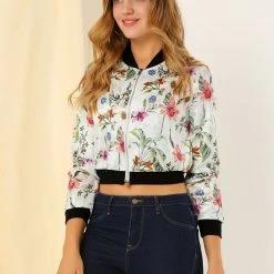 Allegra K Women's Floral Print Stand Collar Zip Up Bomber Jacket