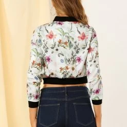Allegra K Women's Floral Print Stand Collar Zip Up Bomber Jacket
