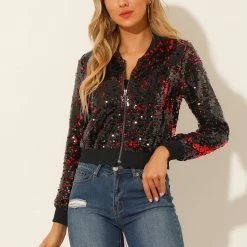 Allegra K Women's Sequin Top Long Sleeve Glitter Shiny Party Shirt Bomber Jacket