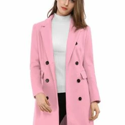 Women Allegra K Double Breasted Notched Lapel Coat With Side Flap Pockets
