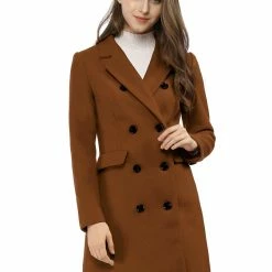 Women Allegra K Double Breasted Notched Lapel Coat With Side Flap Pockets