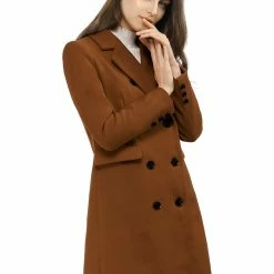 Women Allegra K Double Breasted Notched Lapel Coat With Side Flap Pockets