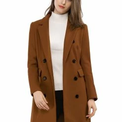 Women Allegra K Double Breasted Notched Lapel Coat With Side Flap Pockets