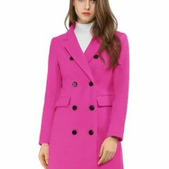 Women Allegra K Double Breasted Notched Lapel Coat With Side Flap Pockets