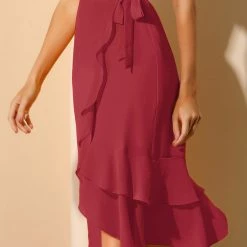 Allegra K Women's Ruffle Chiffon Tie Waist High Low Asymmetrical Summer Midi Skirt