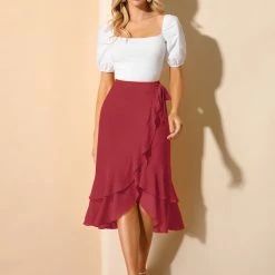 Allegra K Women's Ruffle Chiffon Tie Waist High Low Asymmetrical Summer Midi Skirt