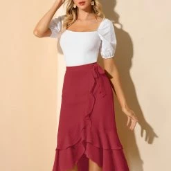 Allegra K Women's Ruffle Chiffon Tie Waist High Low Asymmetrical Summer Midi Skirt