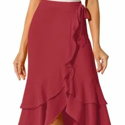 Allegra K Women's Ruffle Chiffon Tie Waist High Low Asymmetrical Summer Midi Skirt