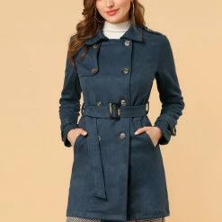 Allegra K Double Breasted Faux Suede Trench Coat With Belt Women 35 Allegra K Double Breasted Faux Suede Trench Coat With Belt Women