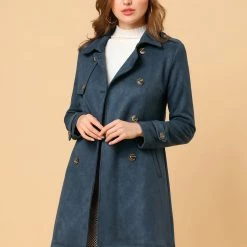 Allegra K Double Breasted Faux Suede Trench Coat With Belt Women 36 Allegra K Double Breasted Faux Suede Trench Coat With Belt Women