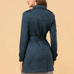 Allegra K Double Breasted Faux Suede Trench Coat With Belt Women 38 Allegra K Double Breasted Faux Suede Trench Coat With Belt Women
