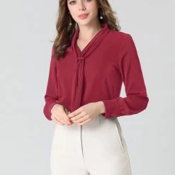 Allegra K Women's Elegant Work Office Blouse Long Sleeve Pleated Tie Neck Top Shirt 60 Allegra K Women's Elegant Work Office Blouse Long Sleeve Pleated Tie Neck Top Shirt