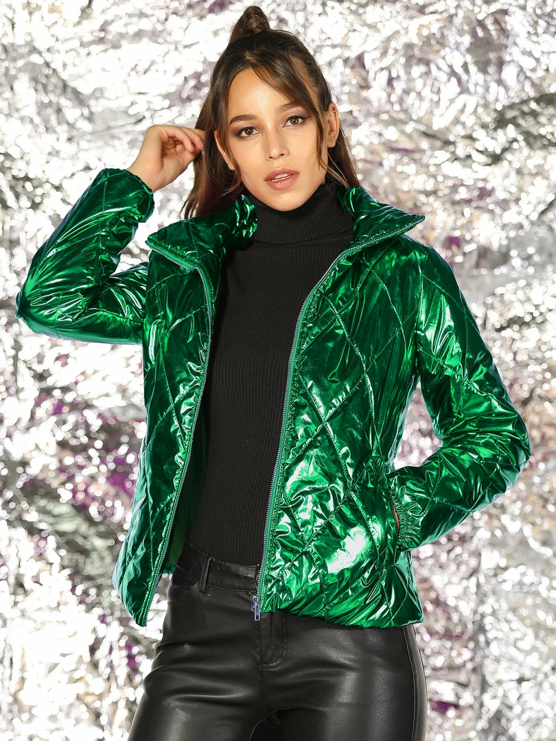 Allegra K Women's Holographic Shiny Zipper Quilting Metallic Down Puffer Jacket 23 Allegra K Women's Holographic Shiny Zipper Quilting Metallic Down Puffer Jacket