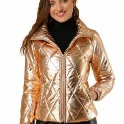 Allegra K Women's Holographic Shiny Zipper Quilting Metallic Down Puffer Jacket 34 Allegra K Women's Holographic Shiny Zipper Quilting Metallic Down Puffer Jacket