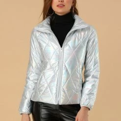 Allegra K Women's Holographic Shiny Zipper Quilting Metallic Down Puffer Jacket 42 Allegra K Women's Holographic Shiny Zipper Quilting Metallic Down Puffer Jacket