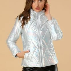Allegra K Women's Holographic Shiny Zipper Quilting Metallic Down Puffer Jacket 43 Allegra K Women's Holographic Shiny Zipper Quilting Metallic Down Puffer Jacket