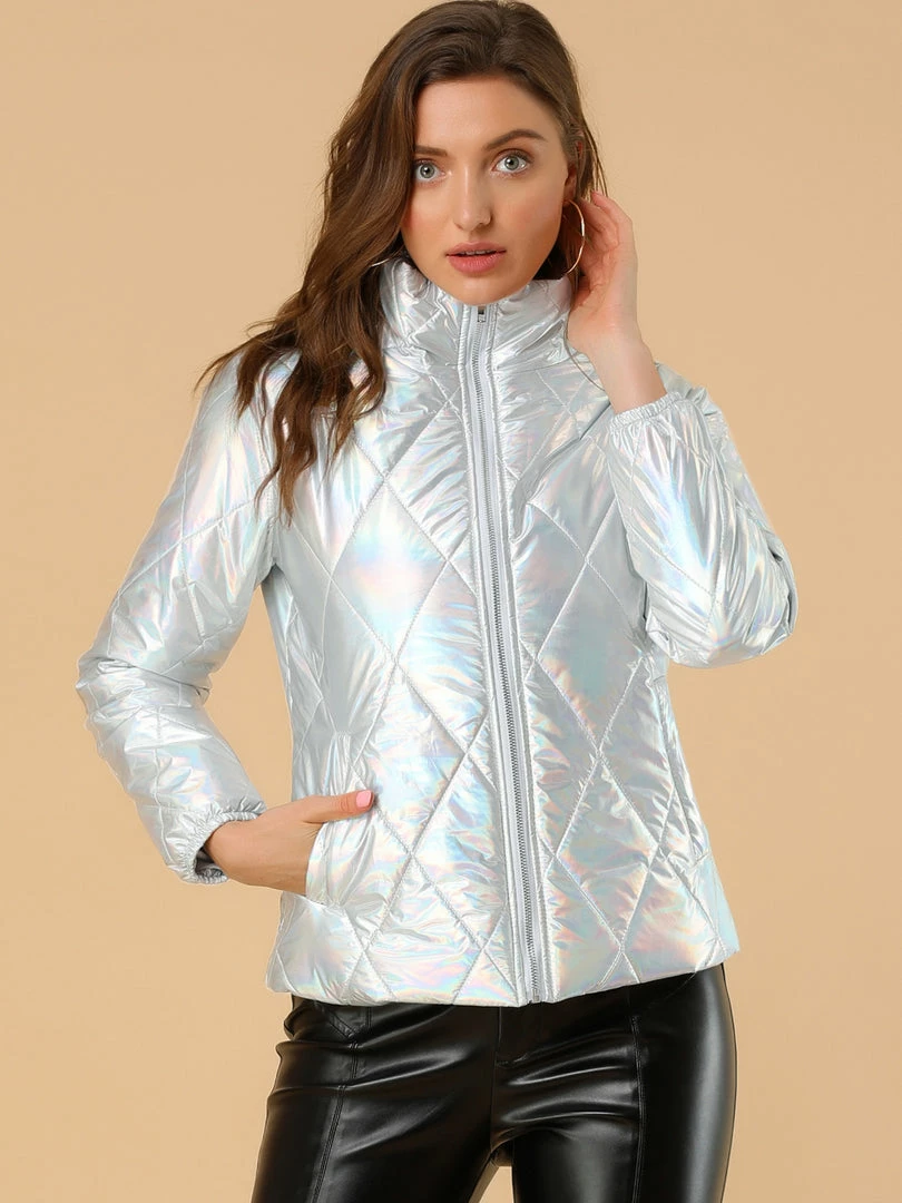Allegra K Women's Holographic Shiny Zipper Quilting Metallic Down Puffer Jacket 19 Allegra K Women's Holographic Shiny Zipper Quilting Metallic Down Puffer Jacket