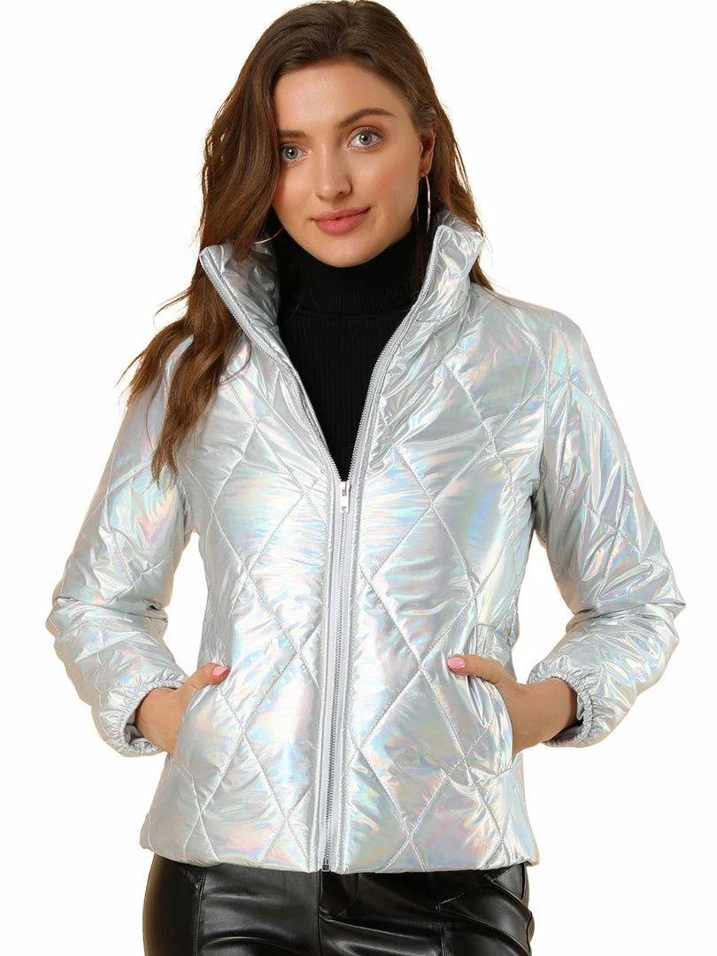 Allegra K Women's Holographic Shiny Zipper Quilting Metallic Down Puffer Jacket 16 Allegra K Women's Holographic Shiny Zipper Quilting Metallic Down Puffer Jacket